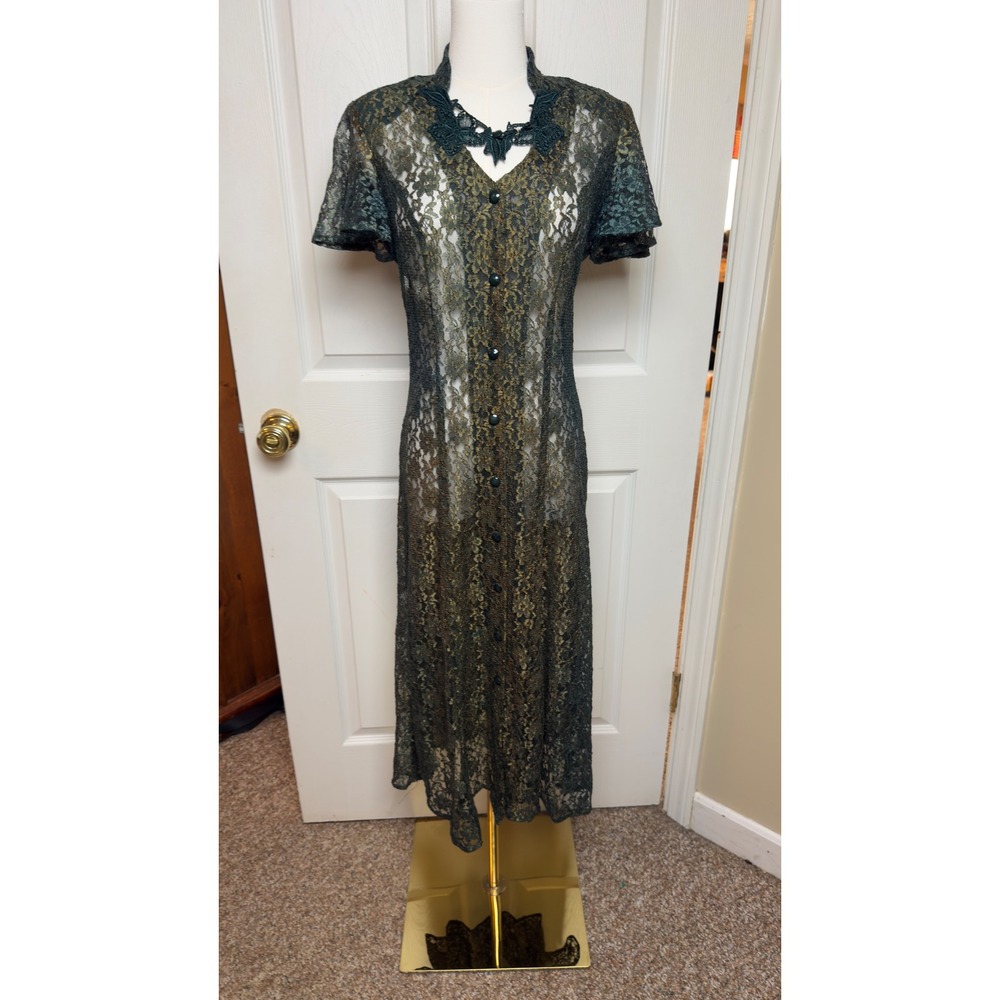 DBY Ltd VTG Y2K Green Gold Iridescent Lace Maxi Dress Button Front Sheer‎ Duster
